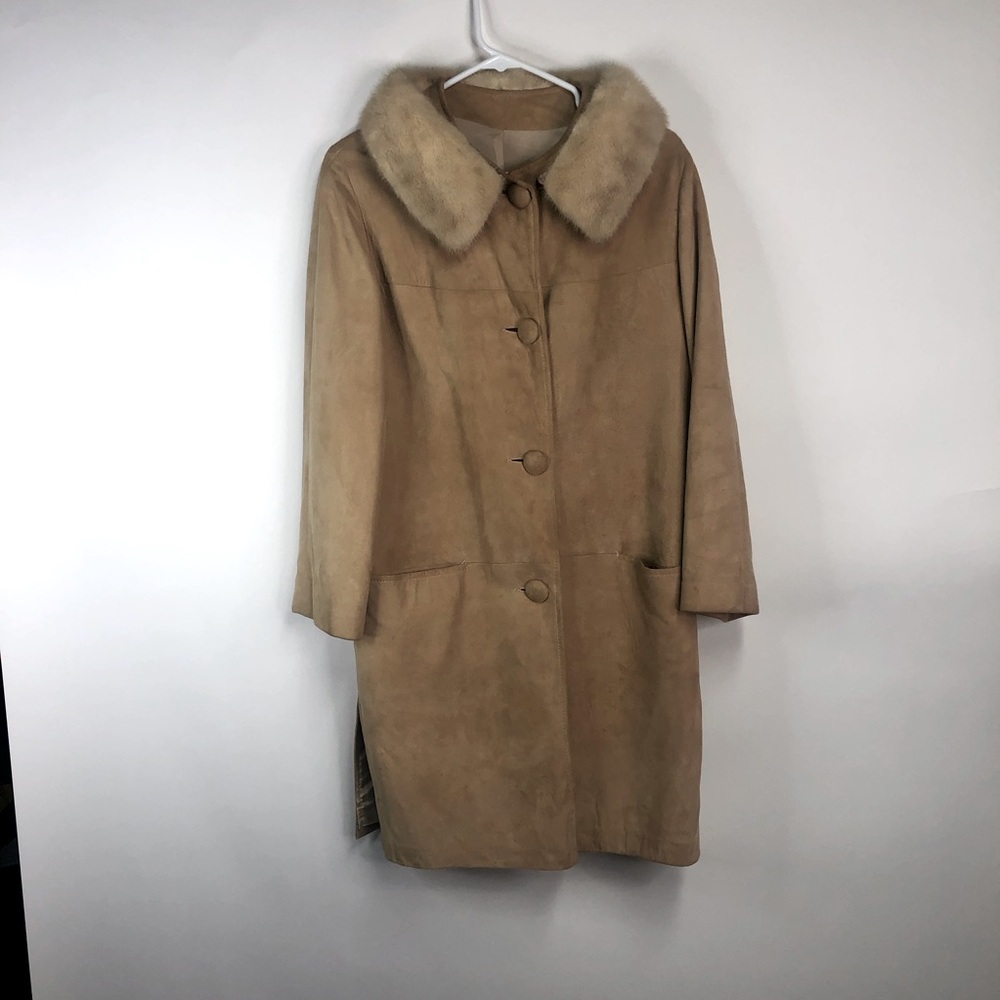 Vintage Suede tan knee length coat mink fur collar